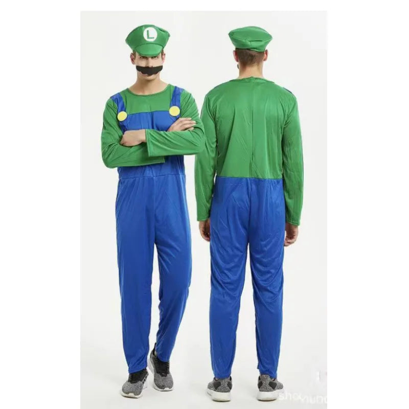 Disguised men's Luigi luxury adult costume super brother costume role-playing fancy dress set Halloween women's hat and beard