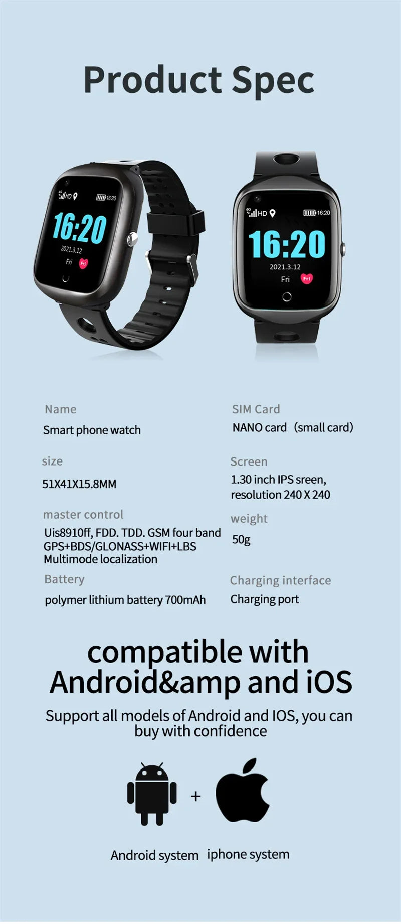 4G Elderly Smart Watch GPS Tracker Video Call SOS Heart Rate Monitoring IOS Android GPS+WIFI+LBS Positioning Smart Clock FA66S