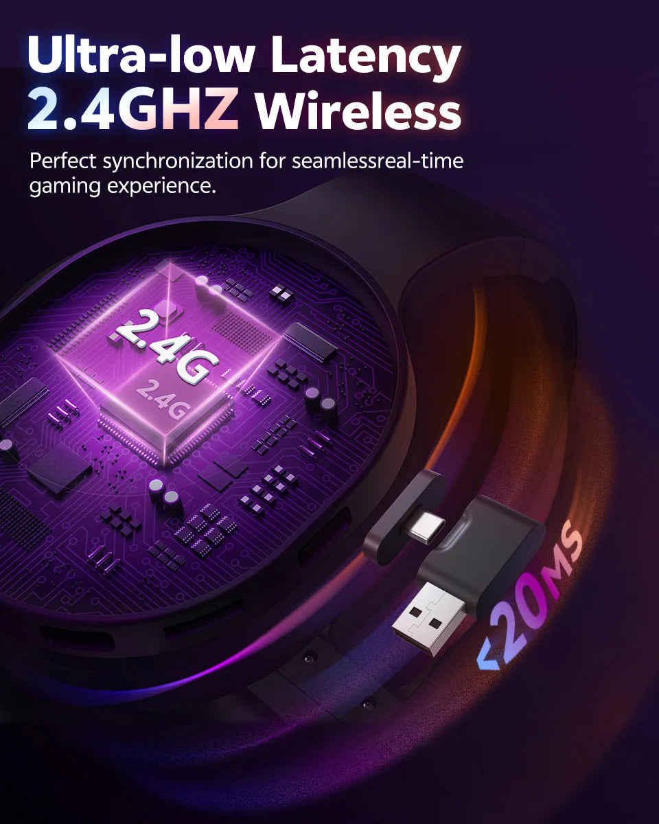 QCY Heroad V200 Gaming Over Ear Headphone Wireless Bluetooth 6.0 with Mic 50mm Driver 7.1 Surround Sound Dynamic EQ RGB Headset