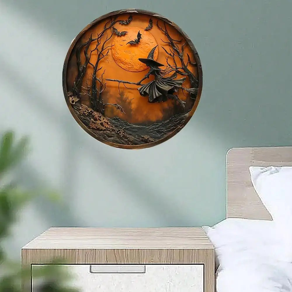 1pc Halloween 3D - Effect Witch Wall Decor, Round Hanging Sign with Bat & Moon Scene, Spooky Festive Home Decoration