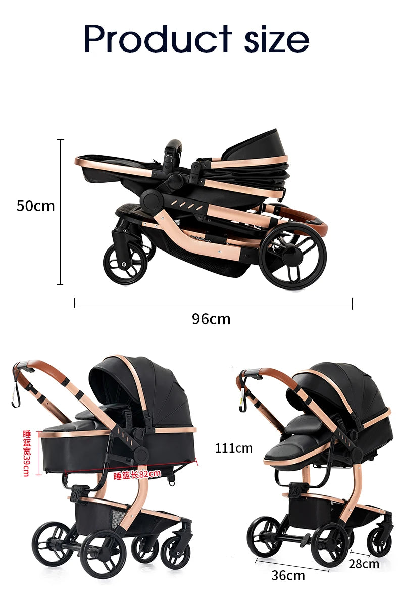 Lightweight Baby Stroller 3 in 1 Stroller PU Leather Stroller for Newborn Baby Car Seat Portable Baby Cart Pram High Landscape