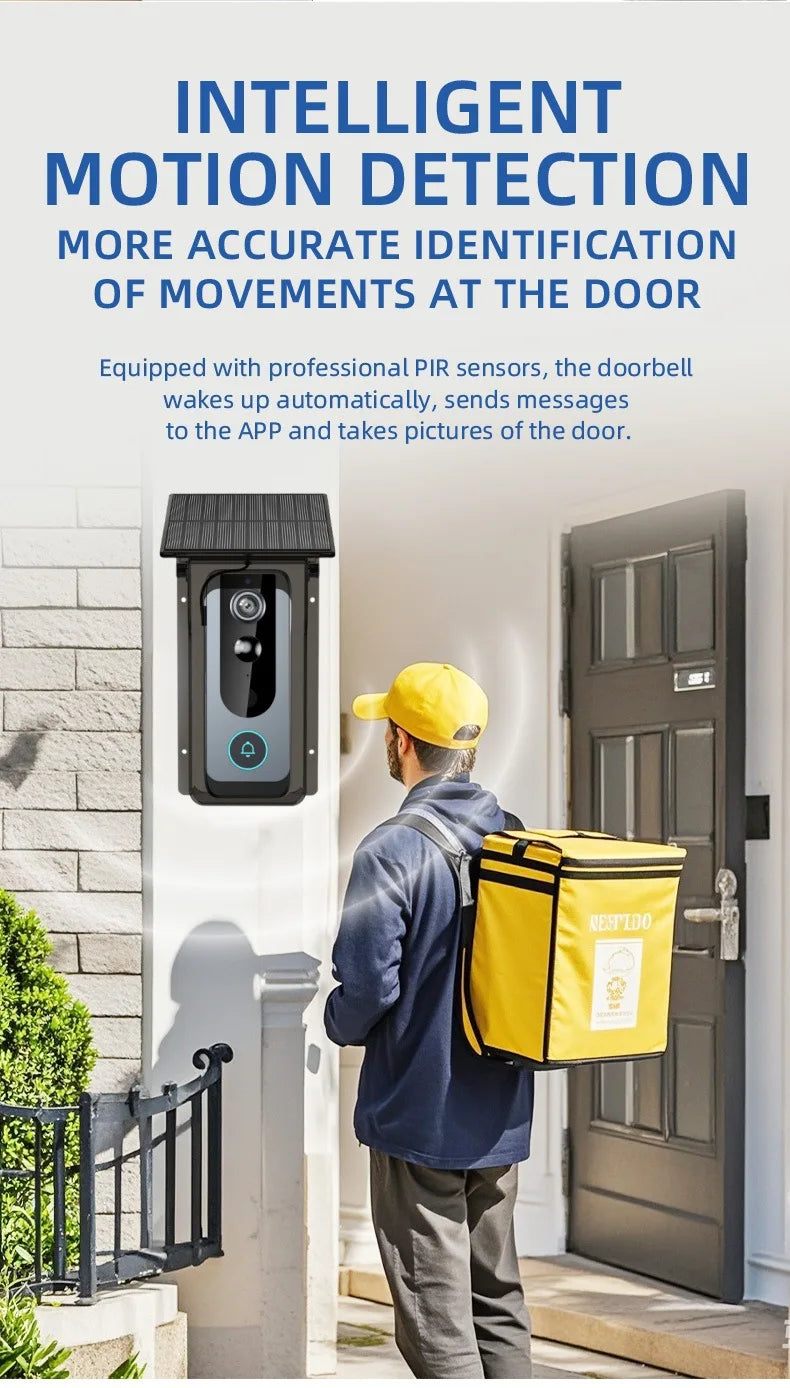 Wireless Doorbell Camera with Solar Cover 1080P Video Intercom Motion Detect Night Vision Waterproof Outdoor Smart Doorbell Wifi