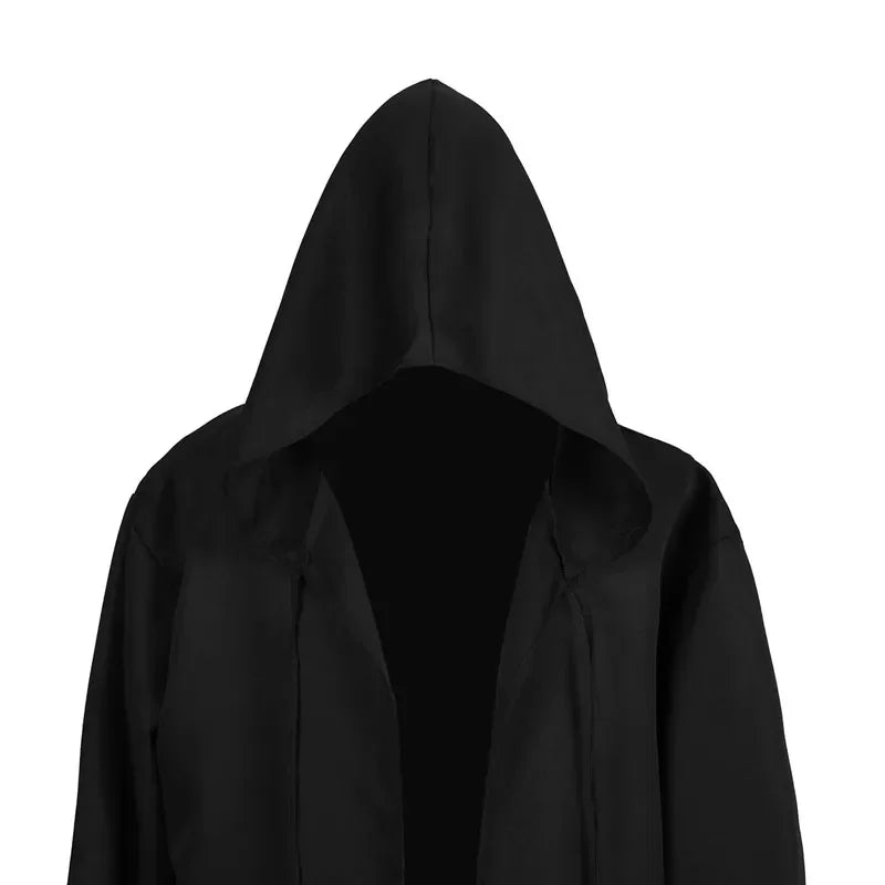 Halloween Medieval Black Robe Cloak Costume Adult Priest Cosplay Hooded Costume and Scary Spooky Loose Cloak for Kids Ladies