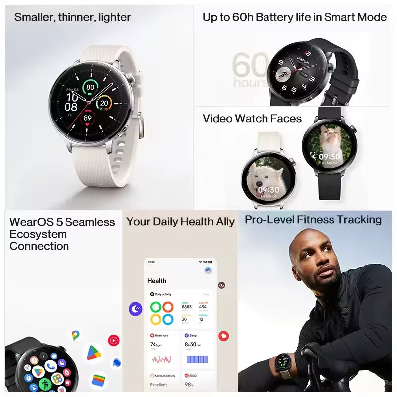 Global Version OnePlus Watch 3 43mm Smartwatch 1.32inches AMOLED Display Up to 60H Battery Life Wear OS by Google GPS NFC