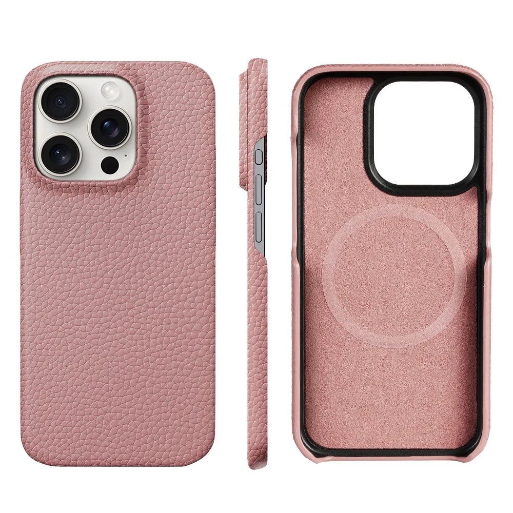 for Magsafe Case for iPhone 17 15 16 Pro Max Air 16Pro Natural Cowhide Lychee Leather Magnetic Protector Luxury Phone Back Cover