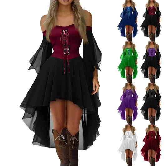 Halloween Witch Cosplay Costumes Women Casual Plus Size Cold Shoulder Dress Solid Color Chiffon Butterfly Sleeve Gothic Dress