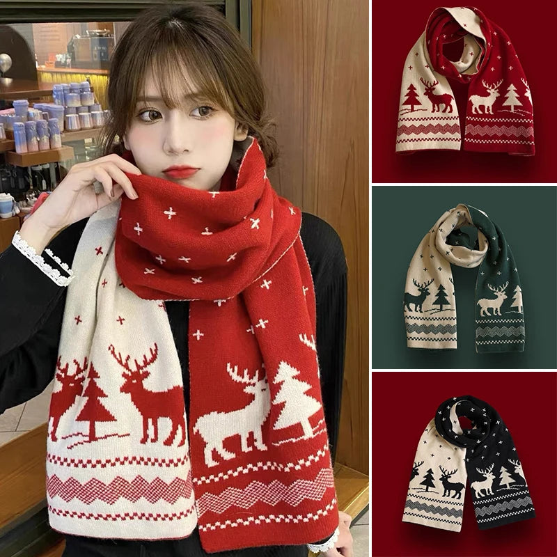 Christmas Scarf for Women Men Cute Deer Elk Knitted Scarves Winter Warm Woolen Shawl Girls Christmas Present