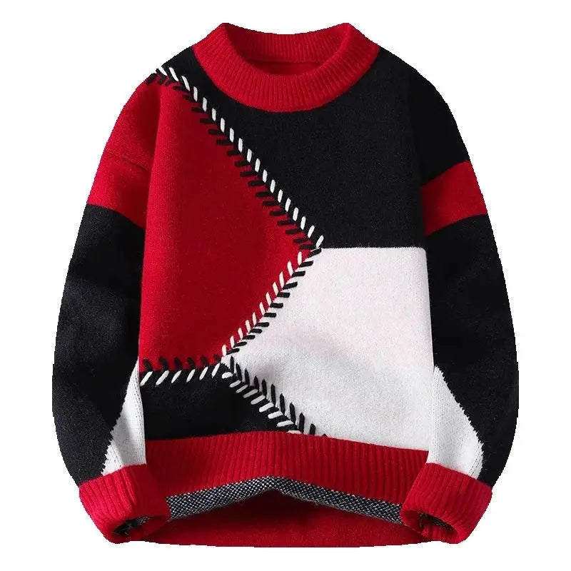 Autumn Winter Youthful Vitality Pullovers Men Fashion Patchwork O-Neck Knitted Sweater Mens Loose Warm Casual Chic Knit Sweaters