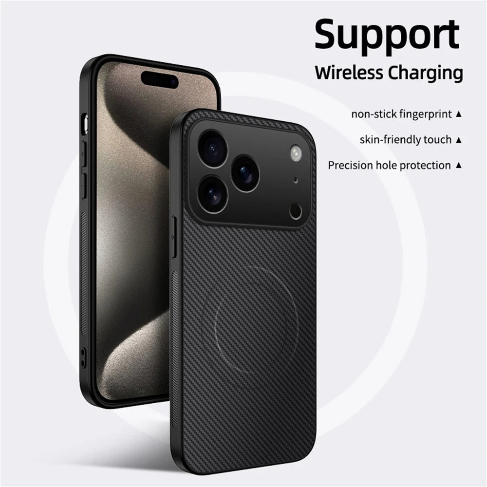 Ultra Thin Carbon Fbier Magnetic Leather Case for iPhone 17 Air 16E 16 15 14 13 Pro Max for Magsafe Shockproof Military Cover
