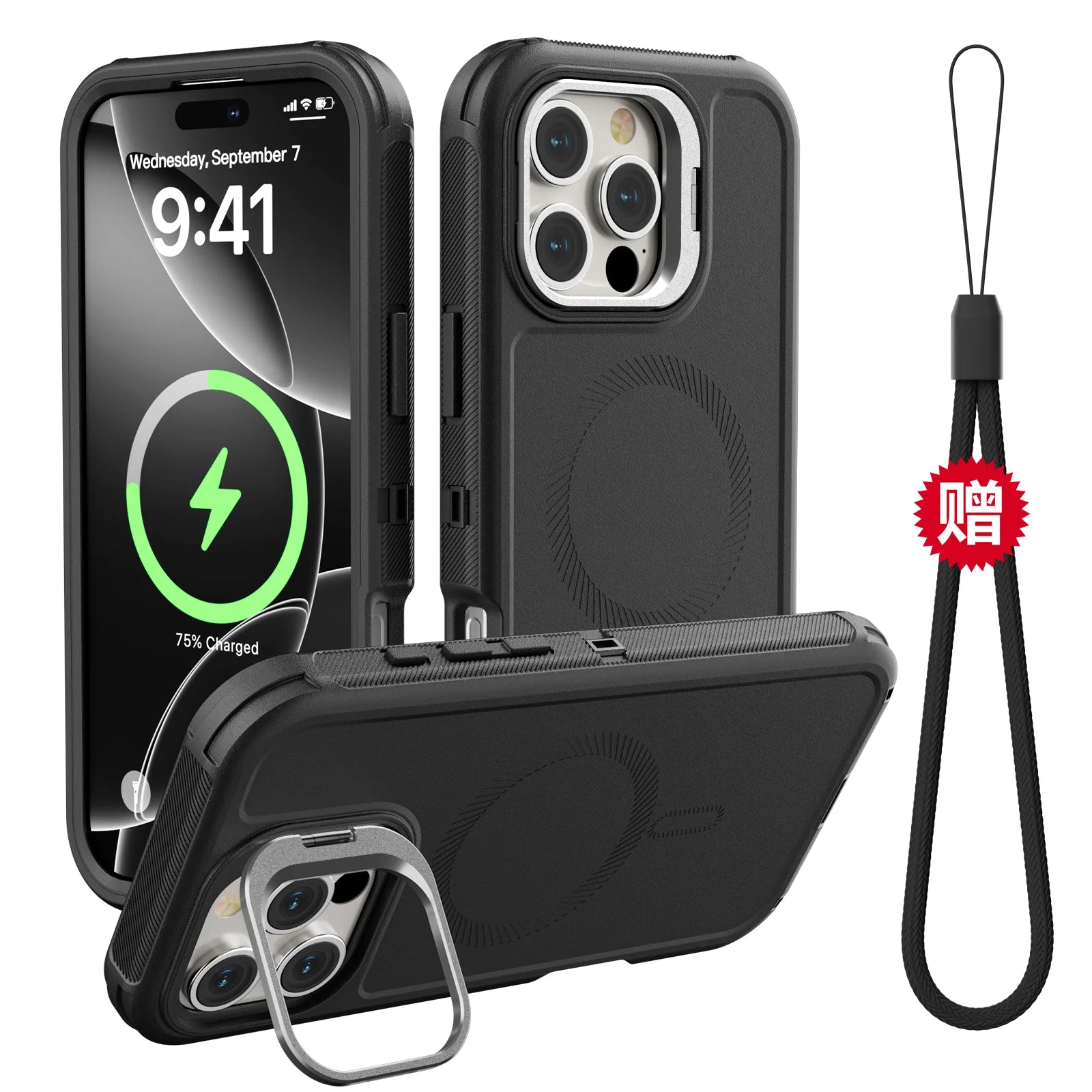 3 IN1 Military Heavy Support Hanging Rope Case For IPhone 16 15 14 Plus 13 Pro Max for MagSafe Magnetic Shockproof Cover