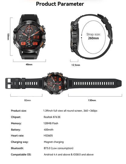 K52 Smart Watch Men 1.39inch IPS Screen Bluetooth Call Custom Dial Heart Rate Health Monitoring Outdoor Sport Smartwatch