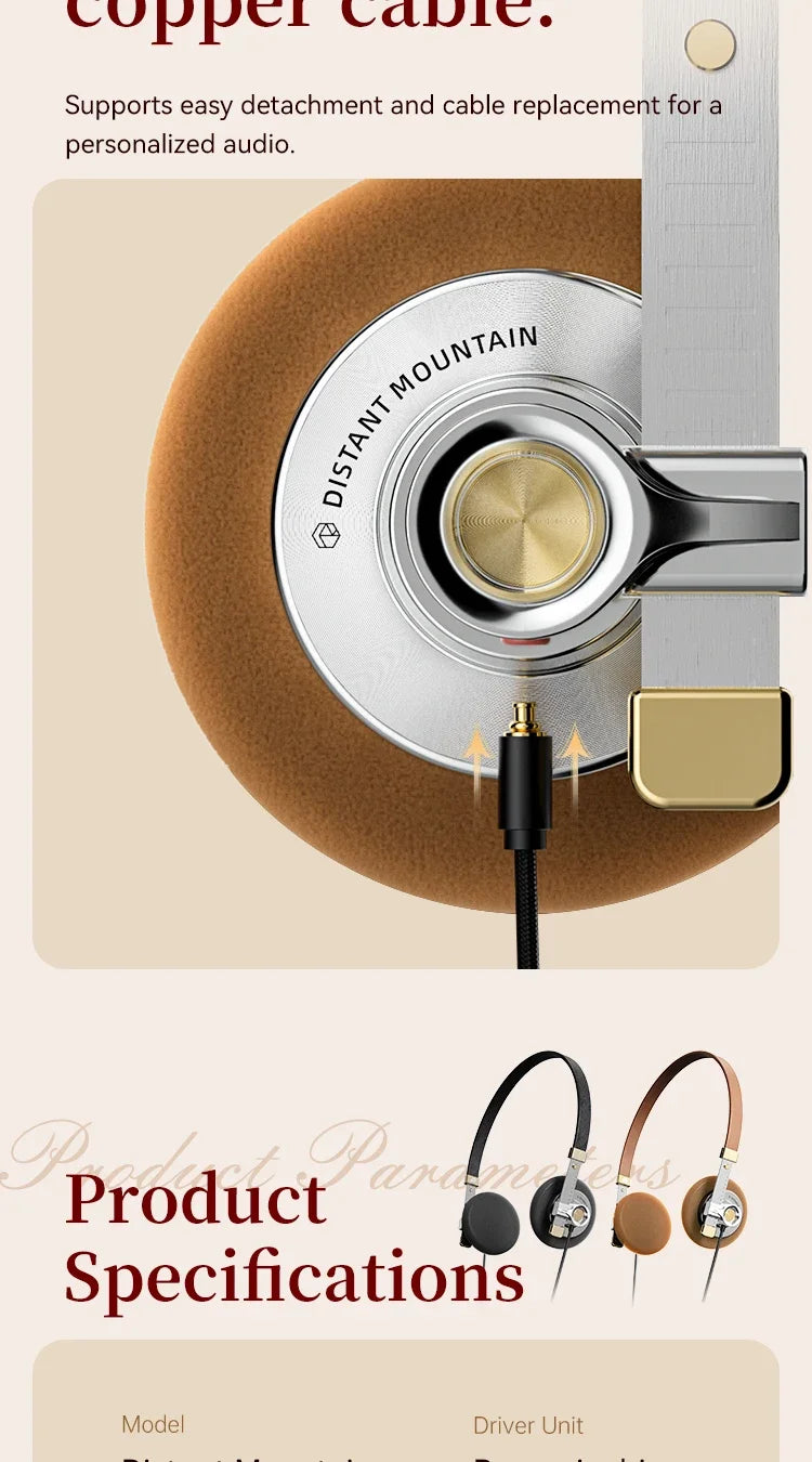 ROSESELSA Distant Mountain Retro Over Ear HiFi Headsets OOTD Vintage Metal Wired Headphones with MMCX 3.5mm Plug