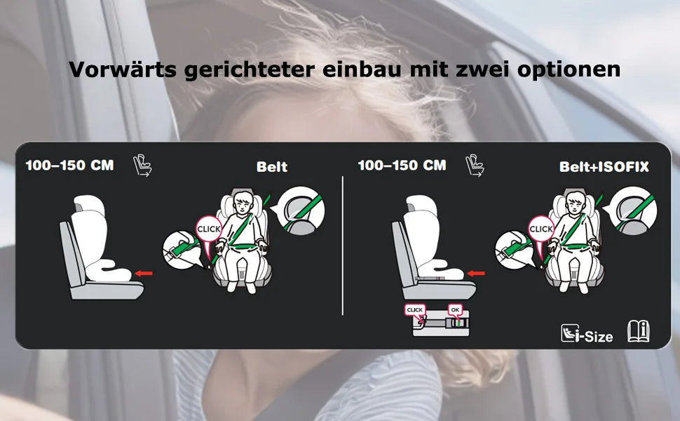 I-Size child seat booster 100-150cm with ISOFIX | Adjustable headrest & 3-point strap | ECE R129 Certified (black)