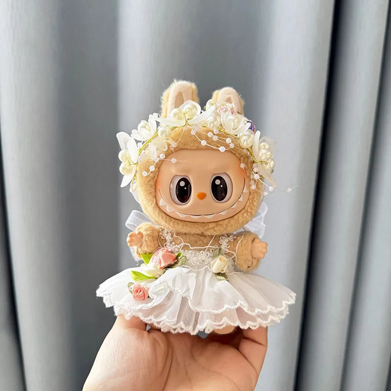 Luxury Plush Wedding Dress Dolls Clothes for Labubu I II Korea Style Fluffy Romantic Wedding Dress Flower Hat Suit for Ladbubu