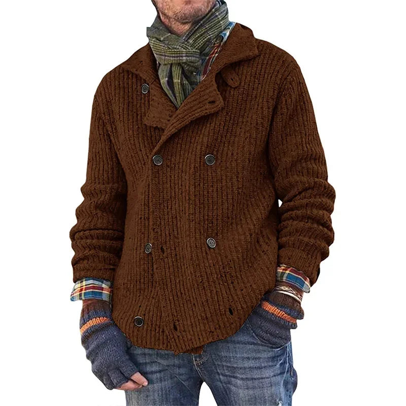 Men Sweater Coat Spring Solid Color Cardigan Straight Knit Coat Male Casual Long Sleeve Double Breasted Turn-down Collar Sweater