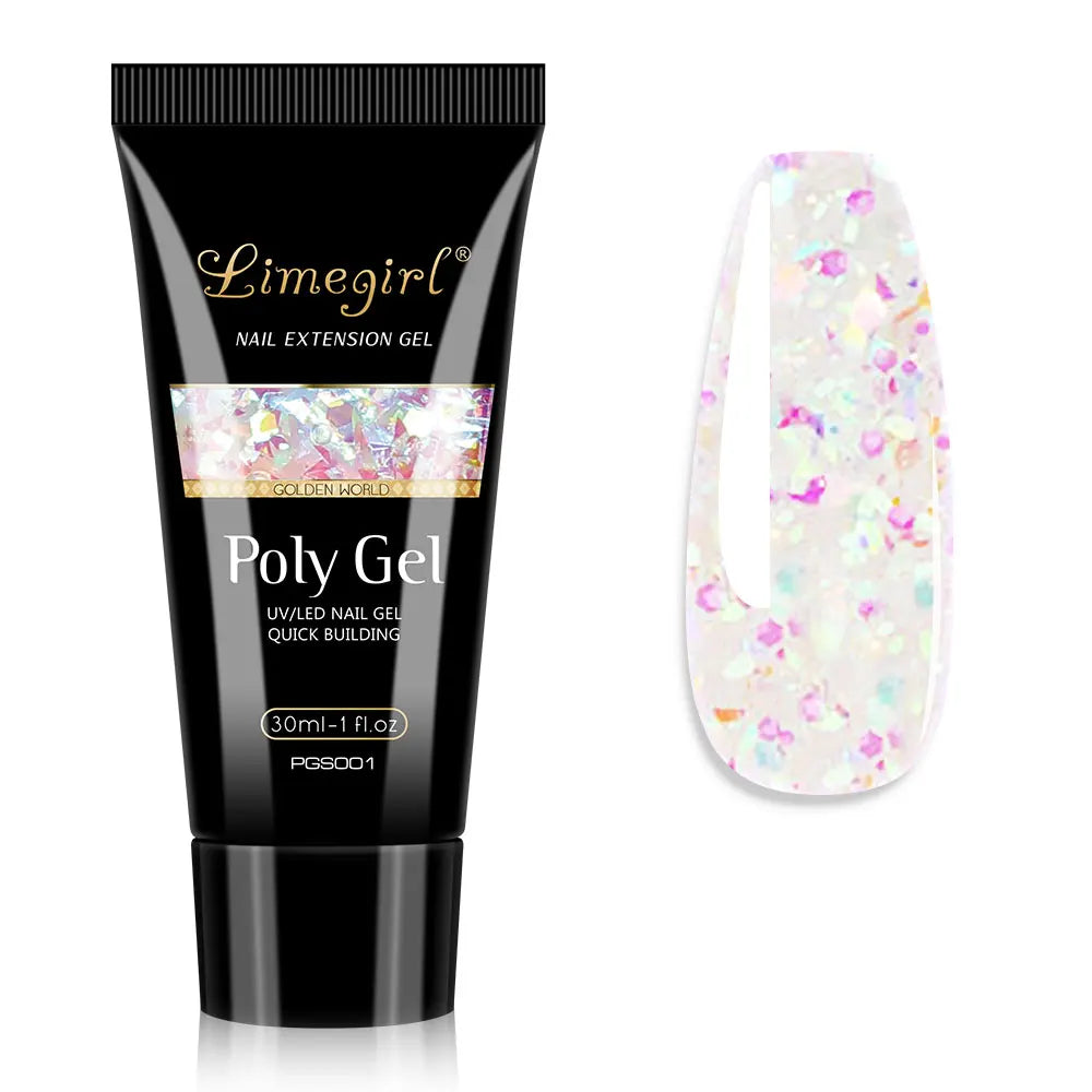 LIMEGIRL 30ml Nail Extension Gel Glitter Soak Off Nail Acrylic Crystal Build Poly UV Gel for Nails Quick Extension Manicure Glue