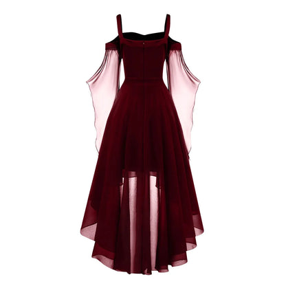 Halloween Witch Cosplay Costumes Women Casual Plus Size Cold Shoulder Dress Solid Color Chiffon Butterfly Sleeve Gothic Dress