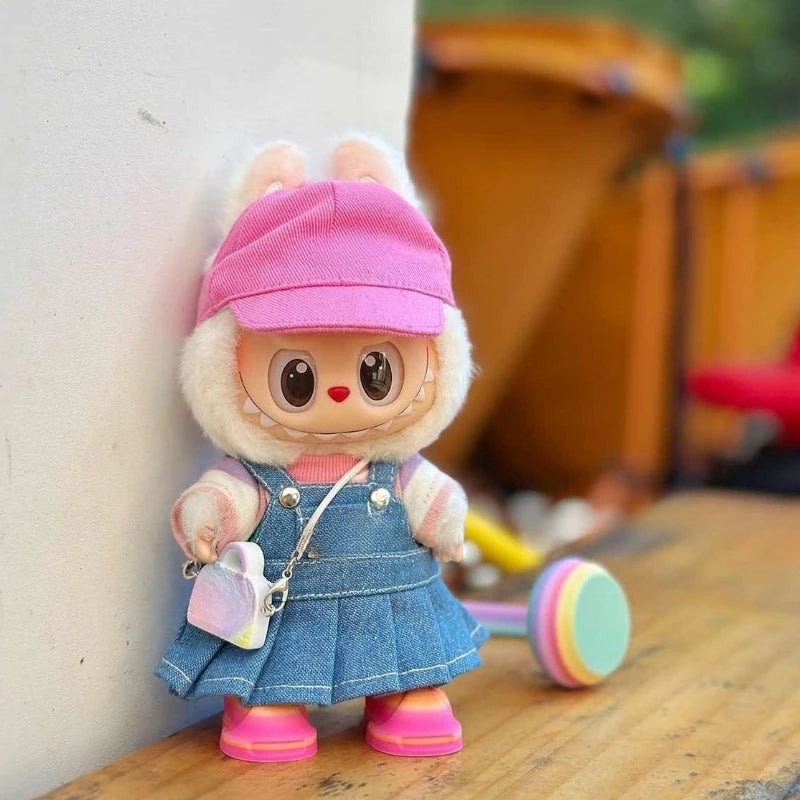 Strap skirt For labubu Big into energe doll T-Shirt Denim strap skirt Baseball Cap clothes Accessories