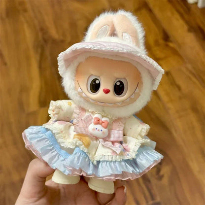 2025 New 17cm Blind Box Labubu Costume Cosplay Changeable Handmade Frog and Pig Plush Set Skirt Labubu Doll Costume
