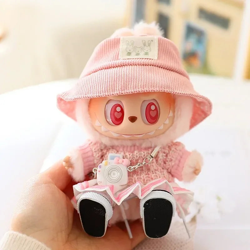 17cm Labubu Doll Clothes Set for Ropa Labubu Macaron Dolls JK Pleated Skirt with Camera and Shoes