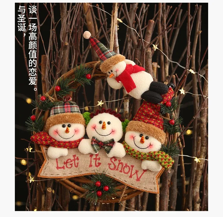 Christmas Vine Ring Wreath Cartoon Santa Claus Elk Snowman Rattan Xmas Wreath Hanging Pendant Noel Navidad Merry Christmas Decor