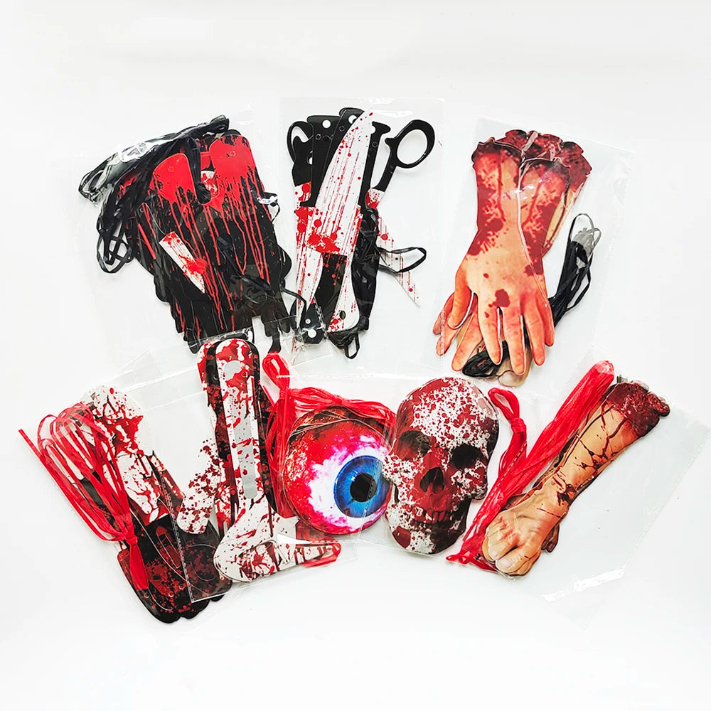 Halloween Terror Banner Blood Hand Foot Knife Skeleton Horror Flag Pulling Ghost Festival Decor Happy Halloween Party Decor