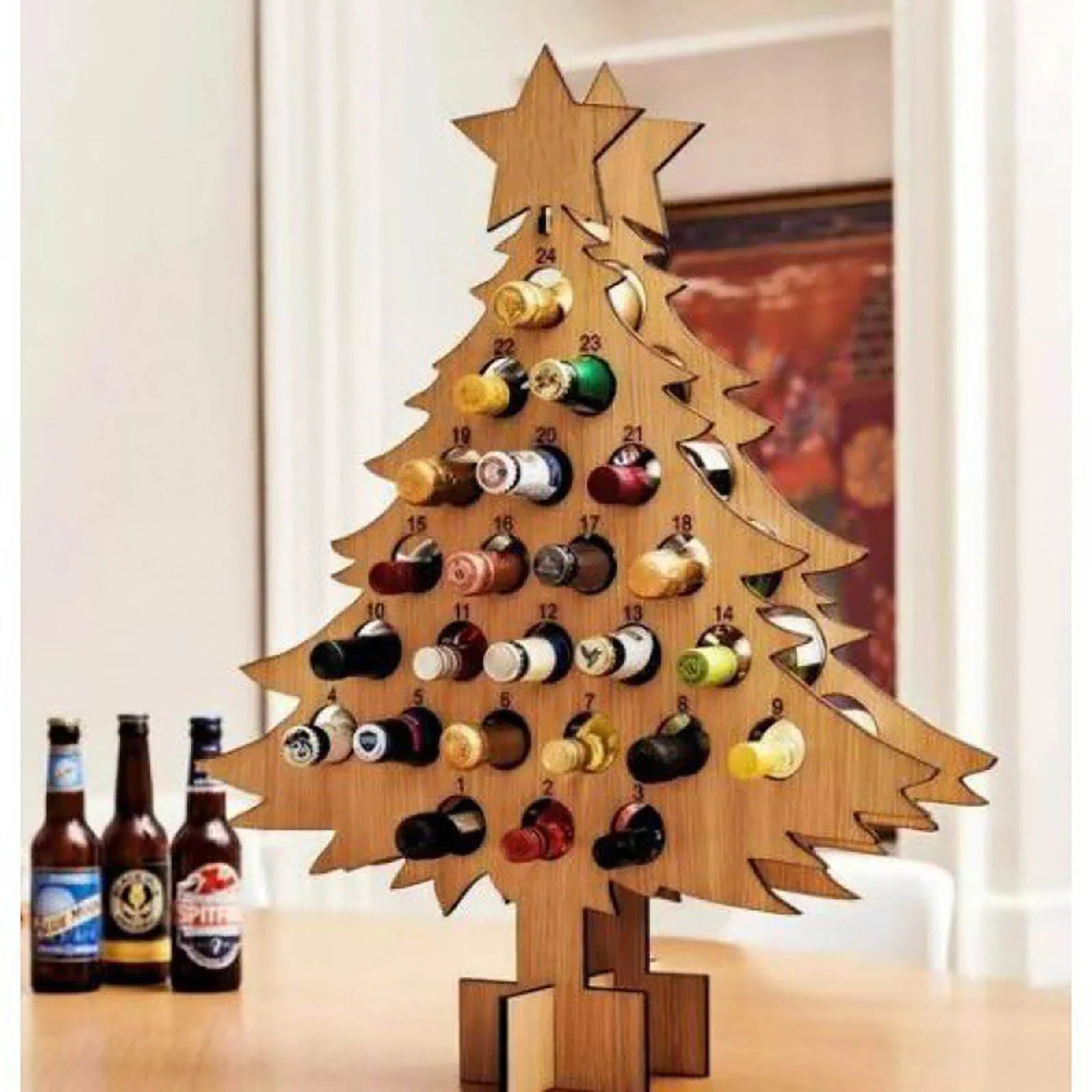 Christmas Countdown Wine Rack Wooden Christmas Tree Shaped Bottle Holder Festive Decor Ornament Craft Accessory