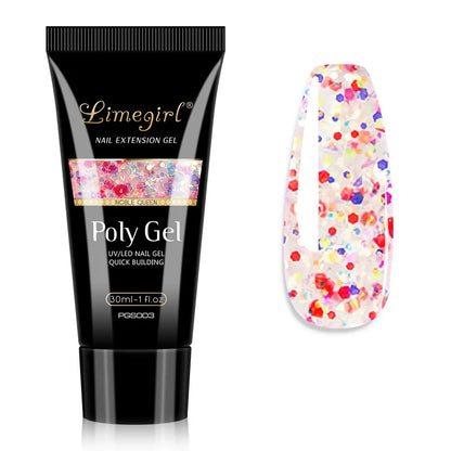 LIMEGIRL 30ml Nail Extension Gel Glitter Soak Off Nail Acrylic Crystal Build Poly UV Gel for Nails Quick Extension Manicure Glue