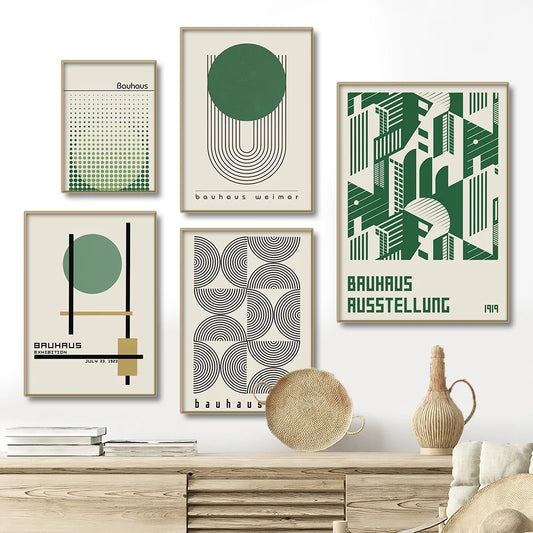 Bauhaus Green Color Block Lines Modern Minimalist Wall Art Posters Prints Canvas Painting Abstract Pictures Living Room Decor