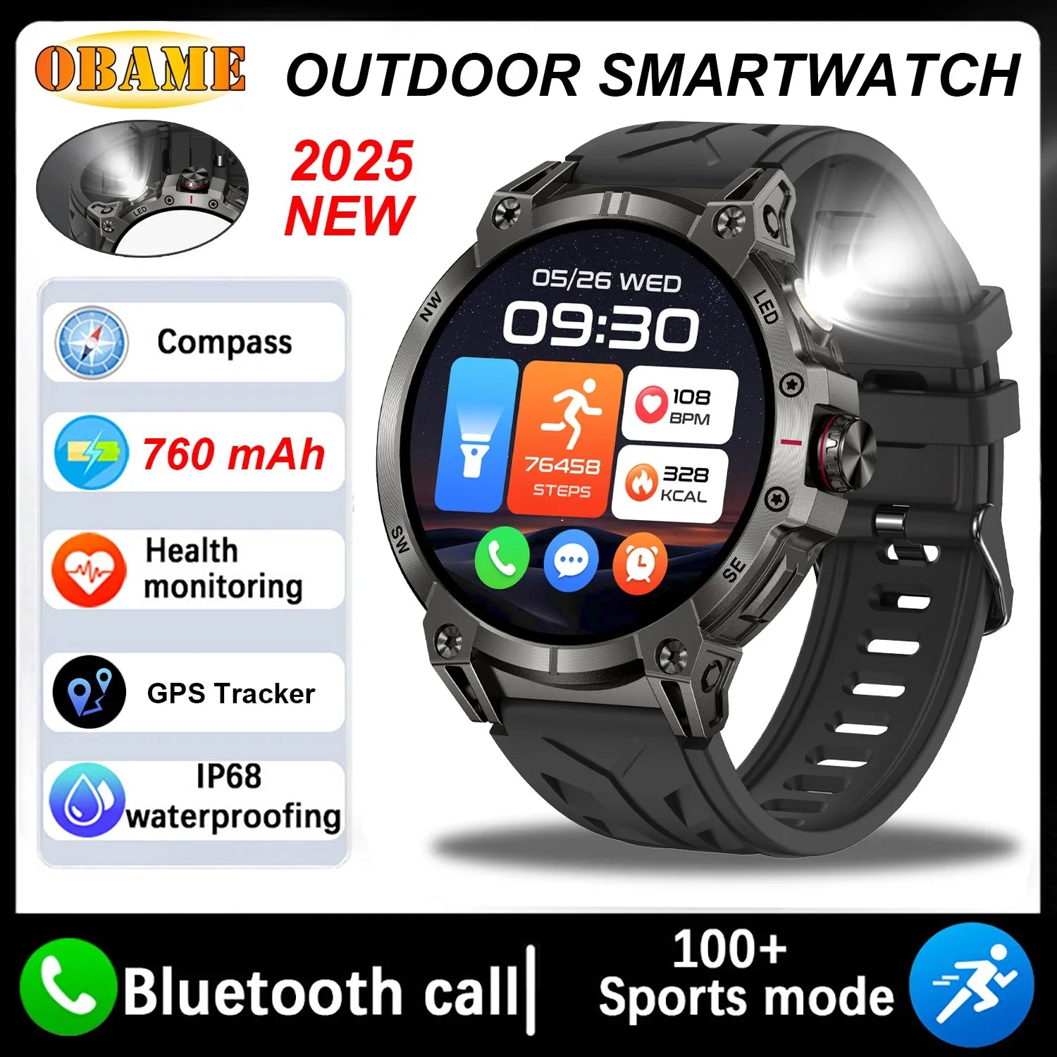 Xiaomi 760mAh Large Battery Outdoor Smart Watch Men 1.85 inch HD Screen GPS Compass Bluetooth Call IP68 Waterproof Smartwatch