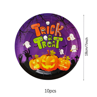 Halloween Disposable Tableware Horror Pumpkin Ghost Purple Plates Napkins Cups Tablecloth Halloween Party Home Decor Supplies