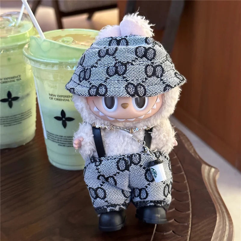 17cm For Labubu Doll Clothing Skirt Bowhair Accessory Set Retro Bib Pants Clothes Luxury Messenger Bag Shoes Set Sitting Party