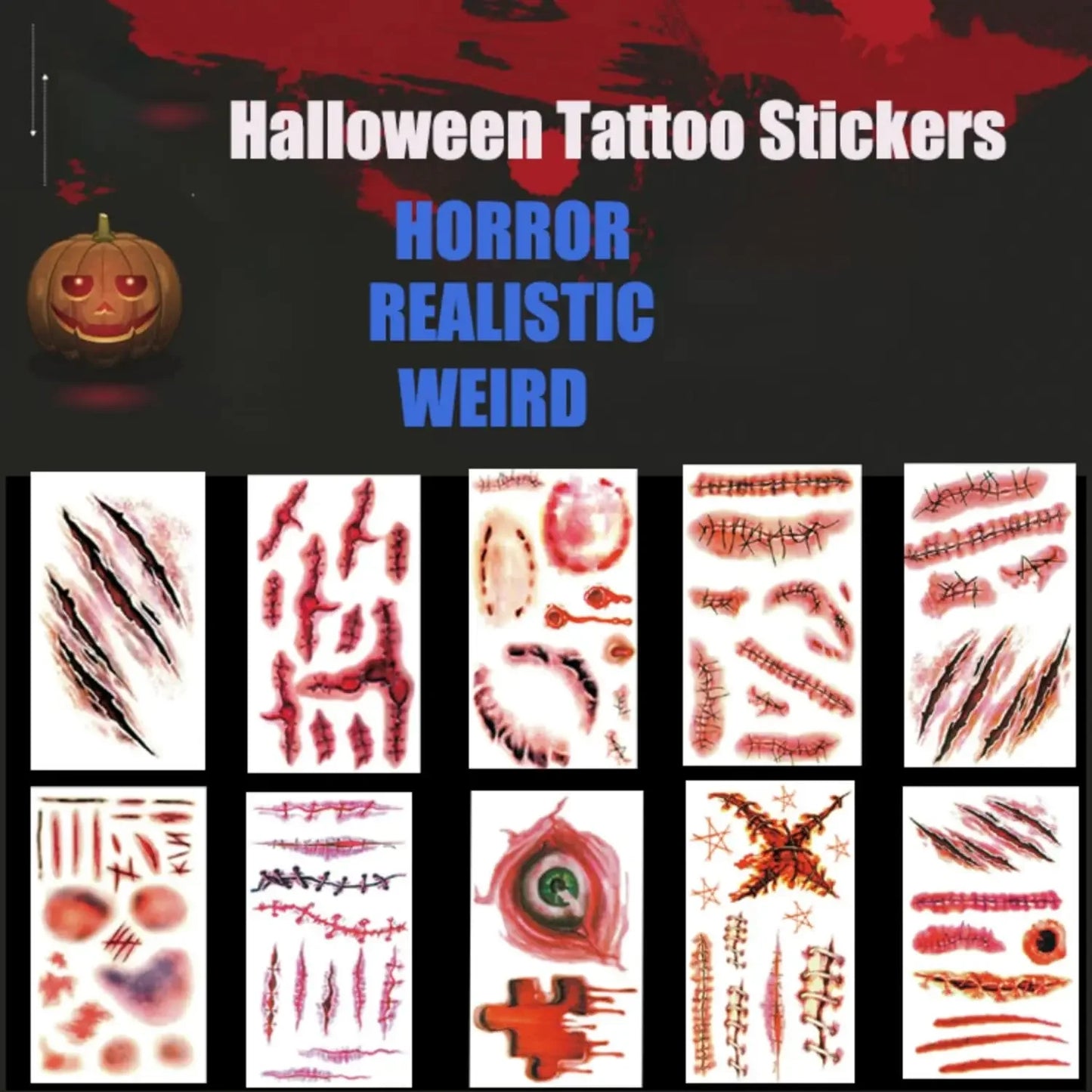 Horror Realistic Fake Bloody Wound Stitch Scar Scab Waterproof Temporary Tattoo Sticker Halloween Masquerade Prank Makeup Props