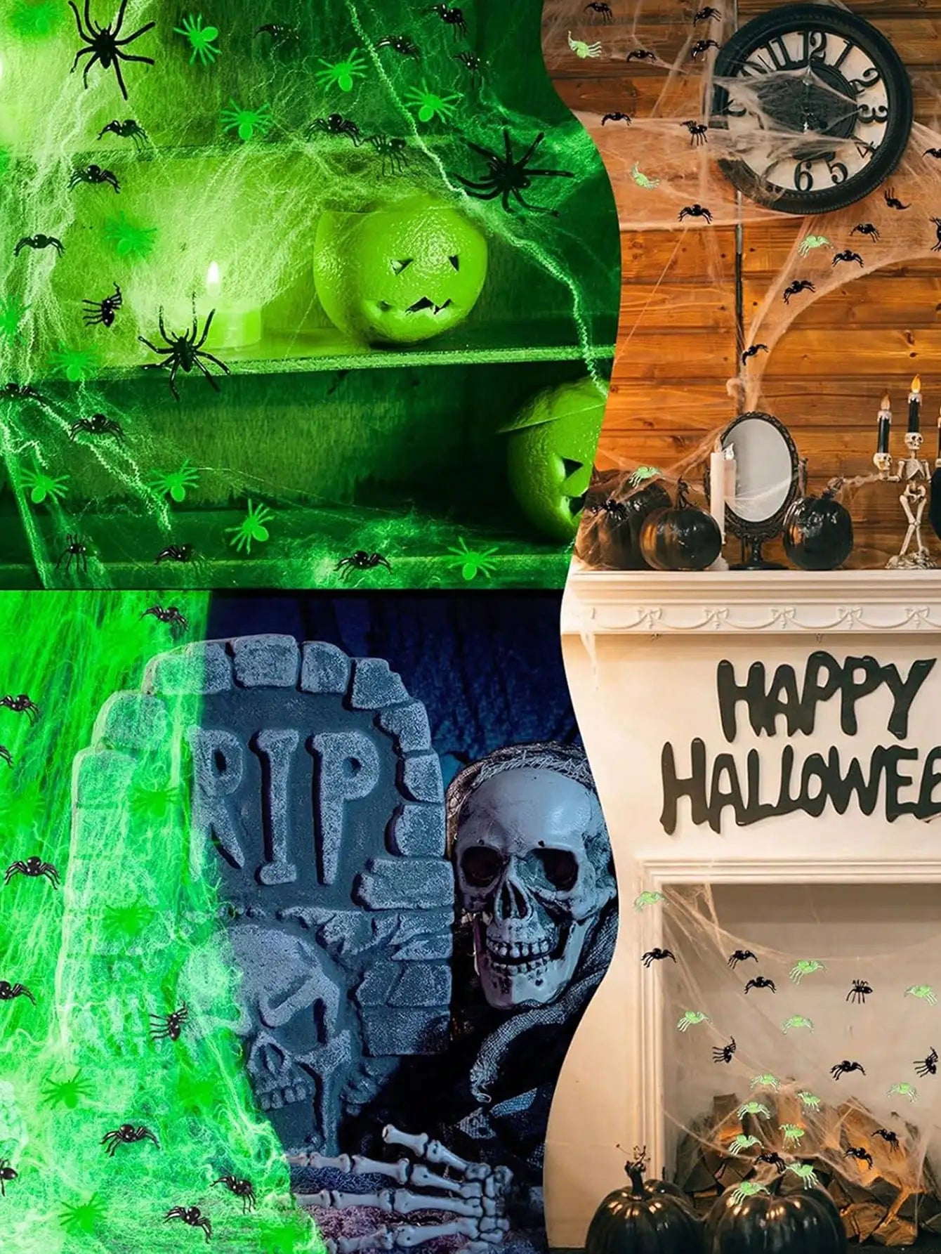 Glow-In-The-Dark Spider Web Set with Spiders, Fluorescent Expandable Spider Web for Halloween Decoration Indoor Outdoor Party