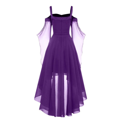 Halloween Witch Cosplay Costumes Women Casual Plus Size Cold Shoulder Dress Solid Color Chiffon Butterfly Sleeve Gothic Dress