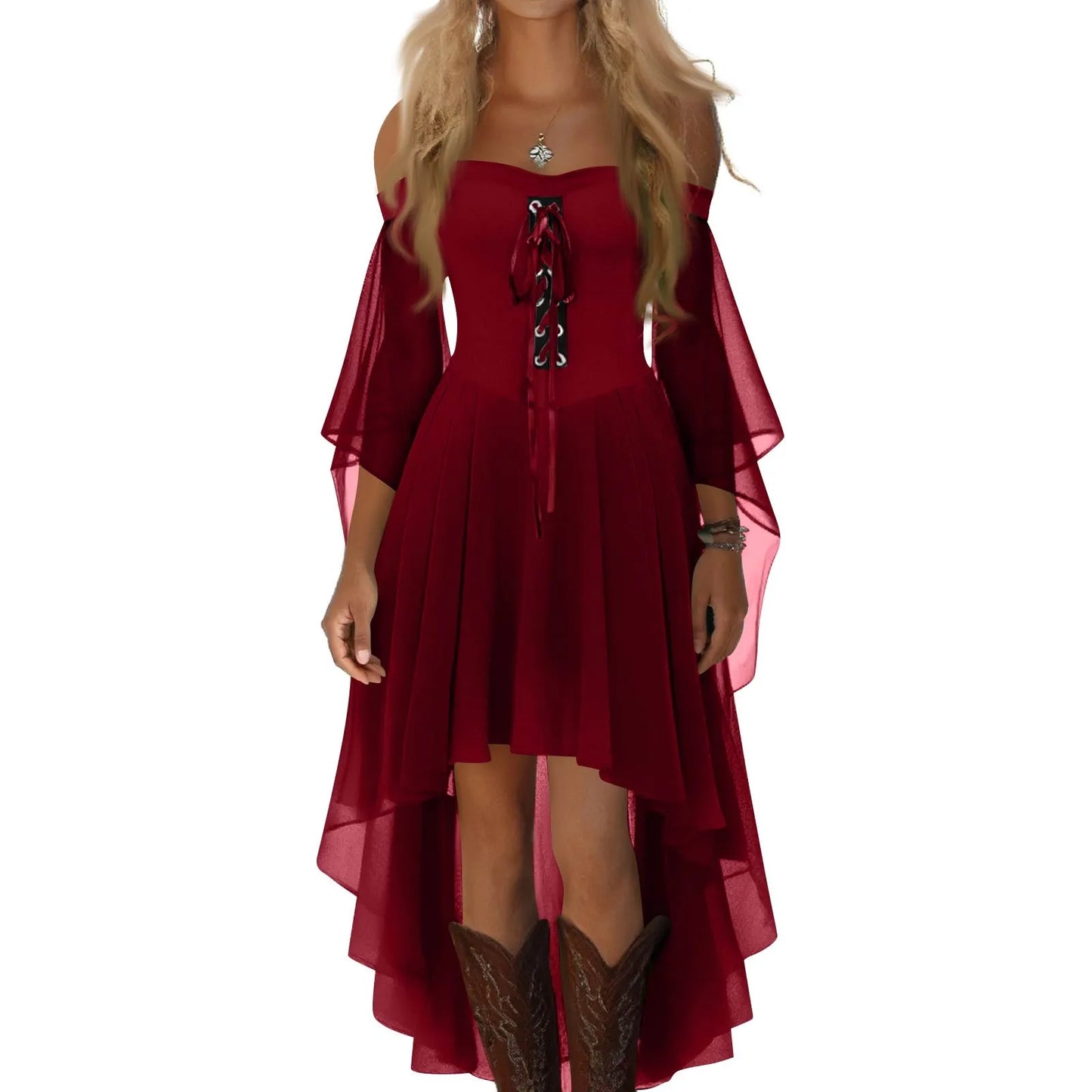 Halloween Witch Cosplay Costumes Women Casual Plus Size Cold Shoulder Dress Solid Color Chiffon Butterfly Sleeve Gothic Dress