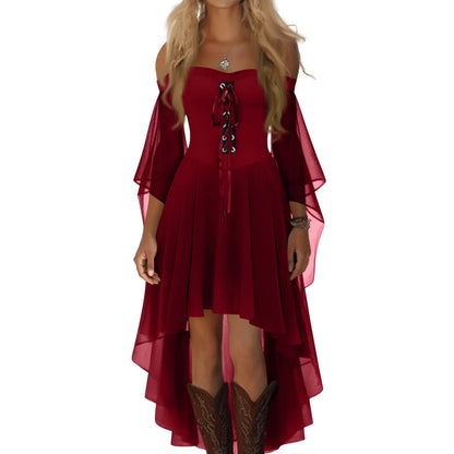 Halloween Witch Cosplay Costumes Women Casual Plus Size Cold Shoulder Dress Solid Color Chiffon Butterfly Sleeve Gothic Dress