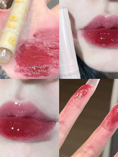 Gege Bear Floral Whisper Moisturizing Mirror Shine Lipstick — Glossy Jelly Finish, Heart-Shaped Bullet, Hydrating Lip Balm