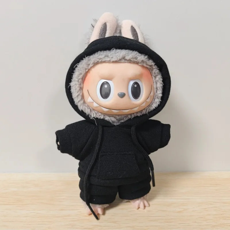 17cm Labubu Doll Black Hoodie Sweatshirt and Pants Set for Doll DIY Outfit Gift