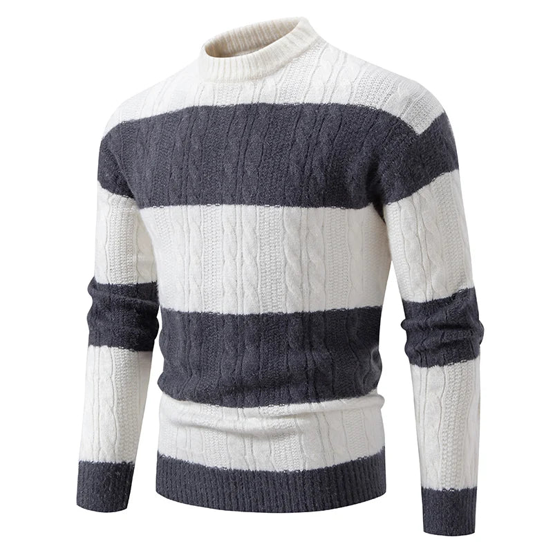 New Patchwork Mock Neck Knitting Sweater Men Fashion Striped Casual Knitted Pullovers Mens Autumn Winter Comfortable Knitwear