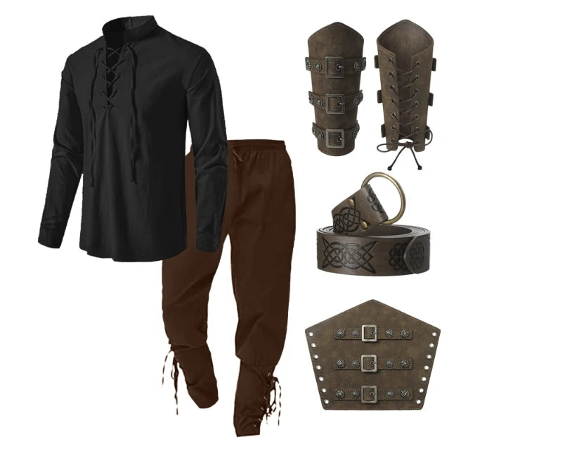 Retro Vintage Medieval Renaissance Pants Outfits Waist Belt Shirt Arm Guards Pirate Men's Cosplay Costume Halloween