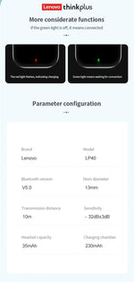 Original Lenovo LP40 Bluetooth 5.0 TWS Wireless Earphones Human Ear Design Headset Simple Operation Easy to Grasp Headphones