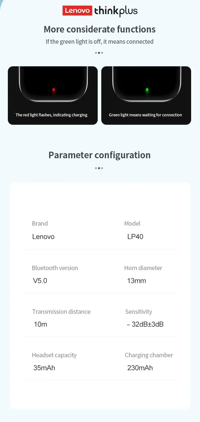 Original Lenovo LP40 Bluetooth 5.0 TWS Wireless Earphones Human Ear Design Headset Simple Operation Easy to Grasp Headphones