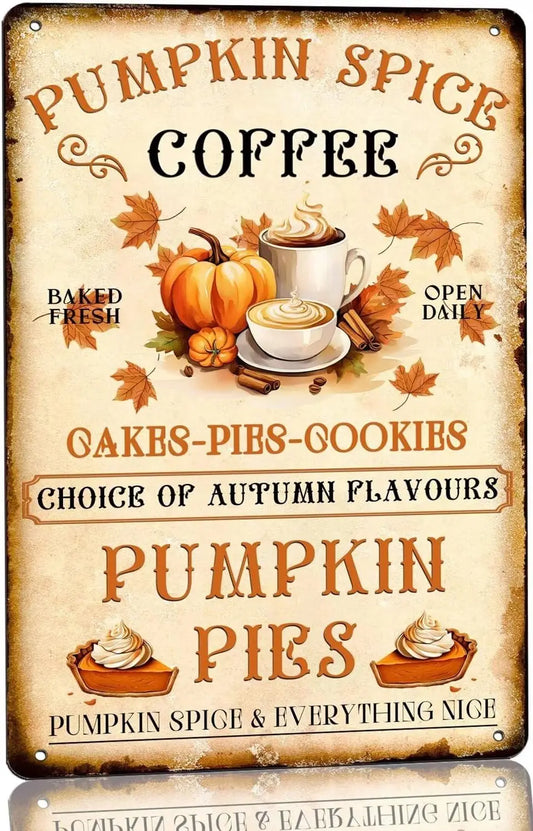Pumpkin Spice Coffee Signs Retro Vintage Metal Tin Sign Autumn Pie Decor for Home Kitchen Cafe Bar Fall