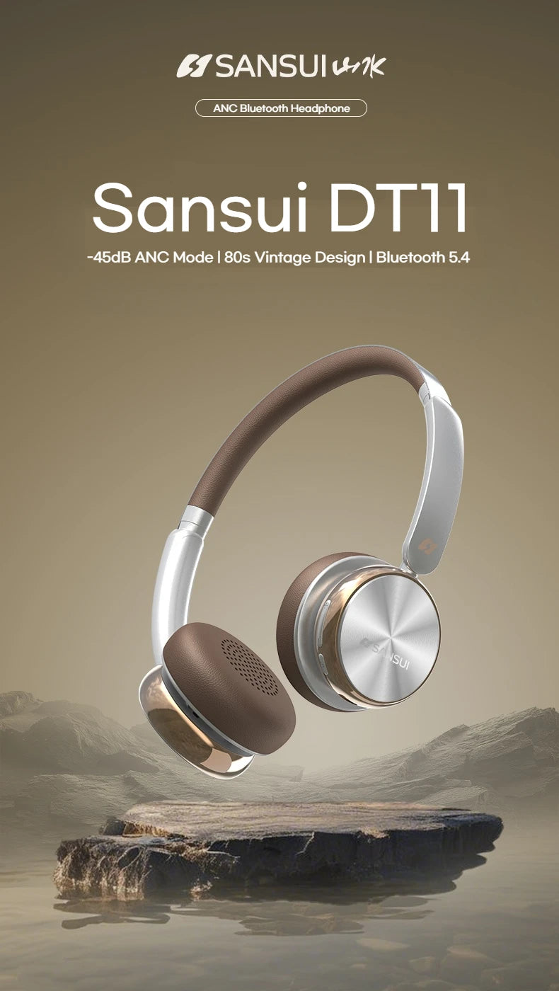 Sansui DT11 ANC Wireless Bluetooth 5.4 Headphone -45dB Active Noise Reduction Headsets 50H Playtime Over Ear Retro Earphones