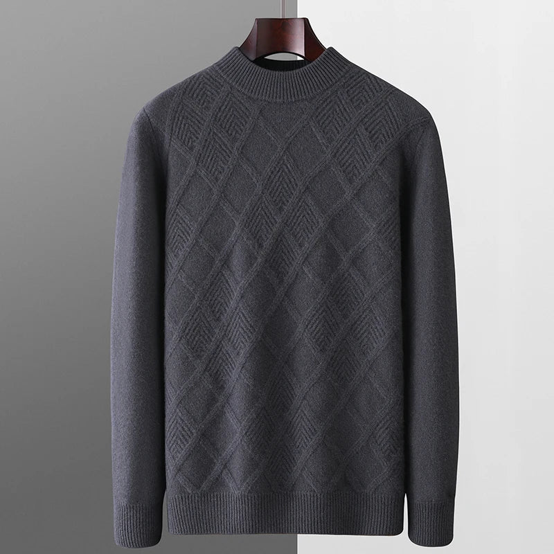 Autumn and winter new 100% pure wool men's diamond thick loose middle-aged and young business half height warm pullover sweater