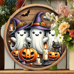 Halloween Witch Hat Circular Wooden Sign - Cute Ghost, Pumpkin, Bat Design, Suitable for Home Kitchen, Garden Porch Decoration