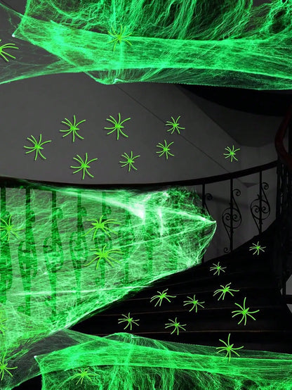 Glow-In-The-Dark Spider Web Set with Spiders, Fluorescent Expandable Spider Web for Halloween Decoration Indoor Outdoor Party