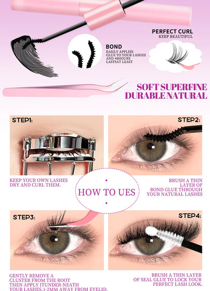 GROINNEYA DIY Lash Clusters Set Mixed Tray Lashes Kit Fluffy Individual Lashes Extension with Lash Bond and Seal At Home Makeup