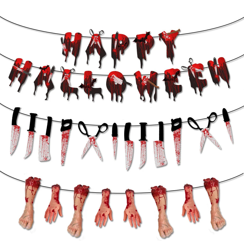 Halloween Terror Banner Blood Hand Foot Knife Skeleton Horror Flag Pulling Ghost Festival Decor Happy Halloween Party Decor